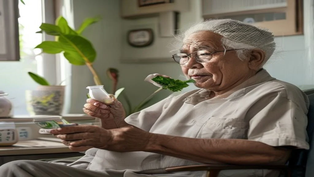 Ramuan herbal alami berwarna hijau, terbuat dari daun dan akar, membantu meningkatkan vitalitas tubuh.