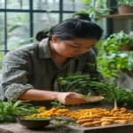 Tanaman herbal segar dengan daun hijau, cocok untuk ramuan kesehatan alami.