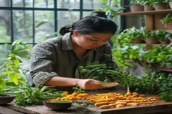 Tanaman herbal segar dengan daun hijau, cocok untuk ramuan kesehatan alami.
