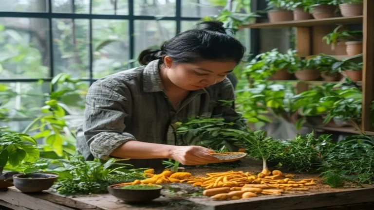 Tanaman herbal segar dengan daun hijau, cocok untuk ramuan kesehatan alami.