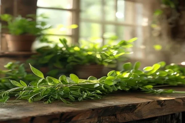 Tanaman herbal alami berdaun hijau segar, menonjolkan manfaat penyembuhan tradisional dan aroma menenangkan.
