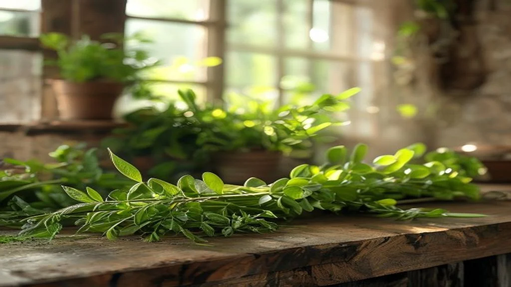 Tanaman herbal alami berdaun hijau segar, menonjolkan manfaat penyembuhan tradisional dan aroma menenangkan.