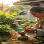 Tanaman herbal alami berdaun hijau segar, menampilkan varietas seperti jahe, sereh, dan mint dalam latar kebun tropis.